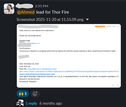 Slack message with a Thor Fire lead form submission