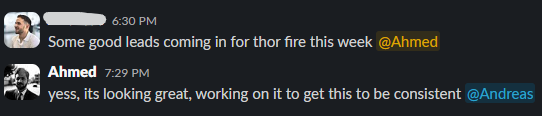 Slack message about Thor Fire leads coming in this week